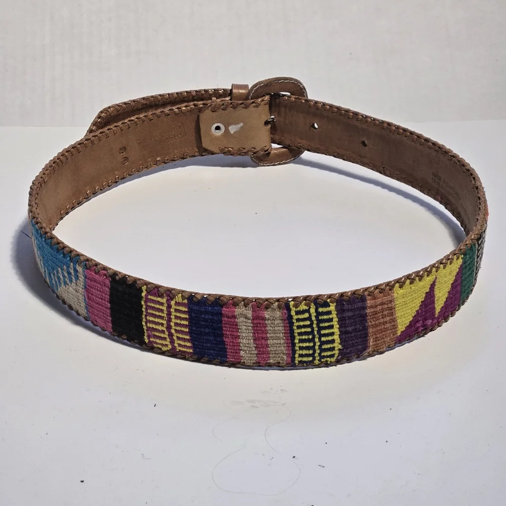Vintage Guatemalan Handmade Leather & Woven Textile Belt Tan Multicolor Size 30